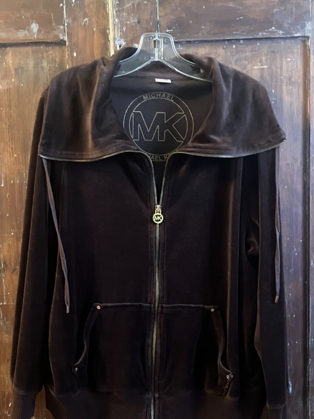 Michael Kors Men's Dark Brown Velour Zip Hoodie Jacket